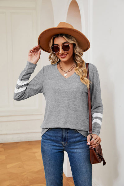 V-neck Contrast Stitching Long Sleeve T-shirt