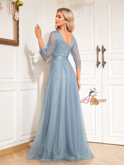 Blue Tulle Lace Long Sleeve Prom Dress