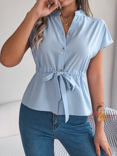 Casual Button Drawstring Short Sleeve Shirt Top