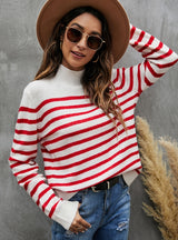 Striped Loose Long-sleeved Stand-up Sweater