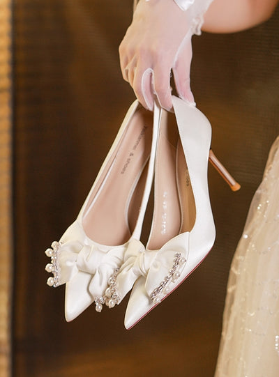 Bow Diamond Satin Pointed Wedding Shoes