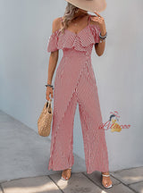 Leisure Suspender Striped Wide-leg Jumpsuit