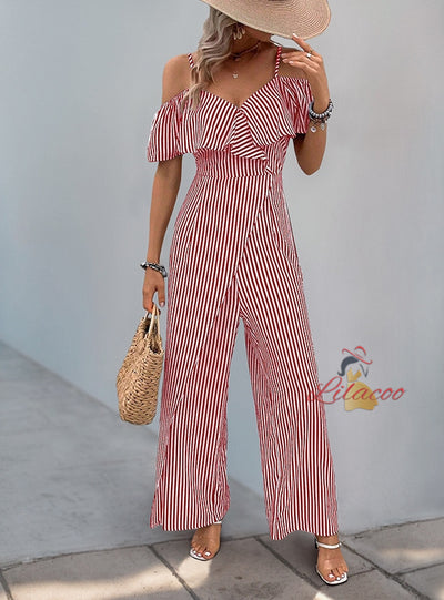 Leisure Suspender Striped Wide-leg Jumpsuit