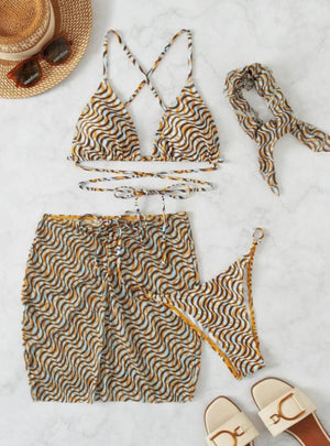 Women's Printed Mesh Three-piece Swimsuit