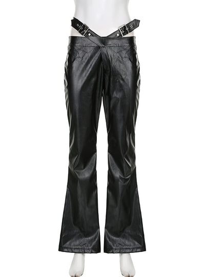 High Waist Metal Belt Pu Leather Pants