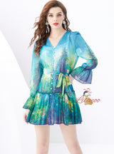 V-neck Lantern Sleeve Mini Print Dress