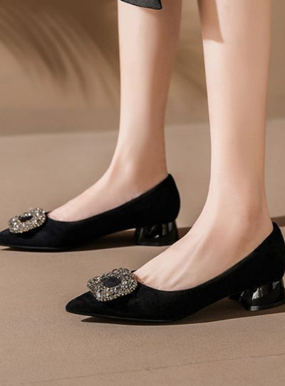 Low Heel Suede Rhinestone Pointed Shoes