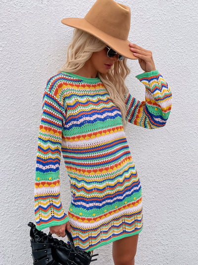 Round Neck Rainbow Striped Pullover Sweater