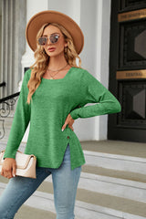 Square Neck Button Split Loose Long Sleeve T-shirt