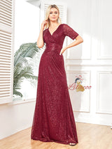 Burgundy Sequins V-neck Short Sleeve Prom Dress