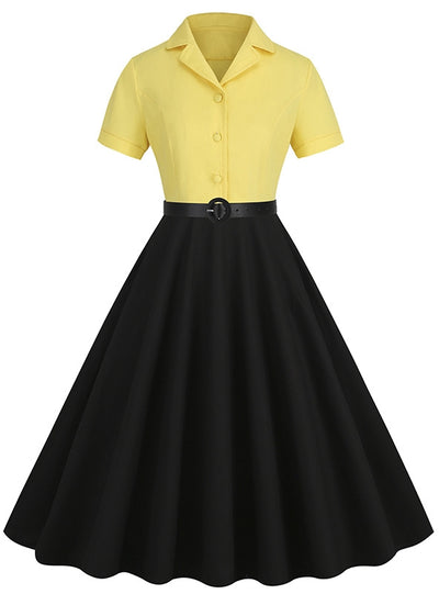 V-neck Short-sleeved Belt 50S Retro Dress