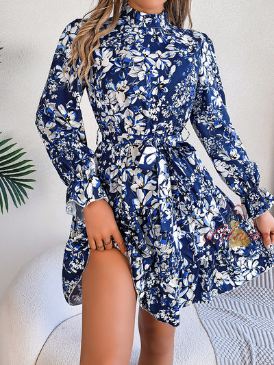 Stand-up Collar Flower Long Sleeve Dress