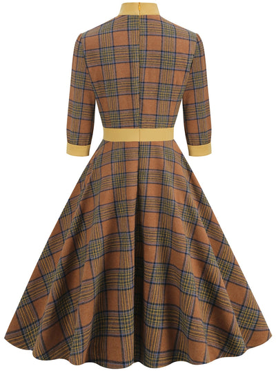 Plaid Turtleneck Bow Retro Dress