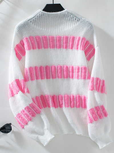 Striped Pullover Loose Semi-turtle Neck Sweater