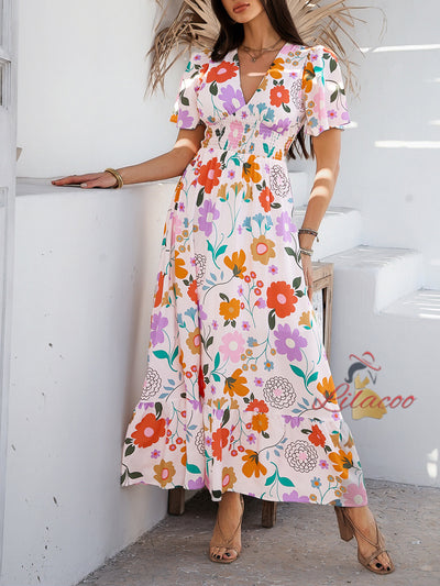 Printed V-neck Short-sleeved Dress