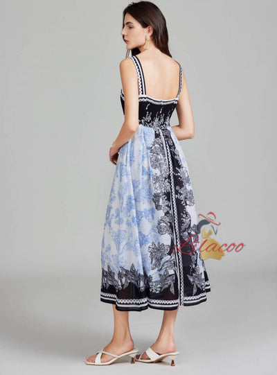 A-line Long Retro Printed Sling Dress