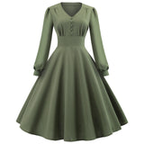 V-neck Retro Long-sleeved Button Dress