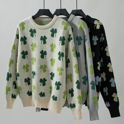 Four-leaf Print Jacquard Loose Long-sleeved Sweater