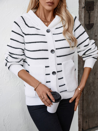 Hooded Striped Knit Cardigan Sweater