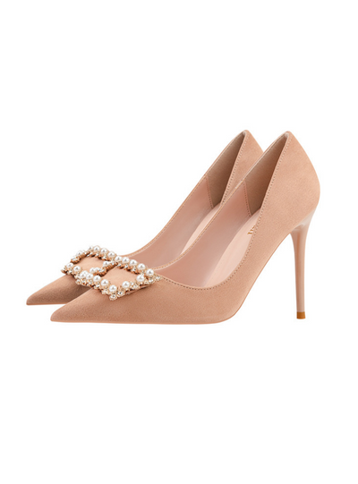 Pointed Pearl Rhinestone Square Buckle Shoes