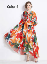 Retro Chiffon Printed Long-sleeved Big Swing Dress