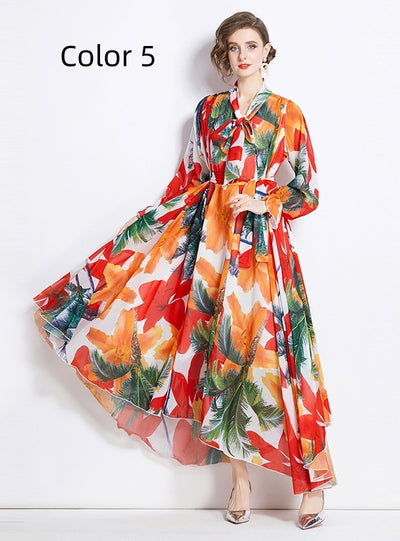 Retro Chiffon Printed Long-sleeved Big Swing Dress