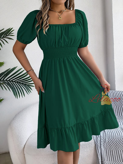 Casual Square Collar Short Sleeve Ruffled Dress