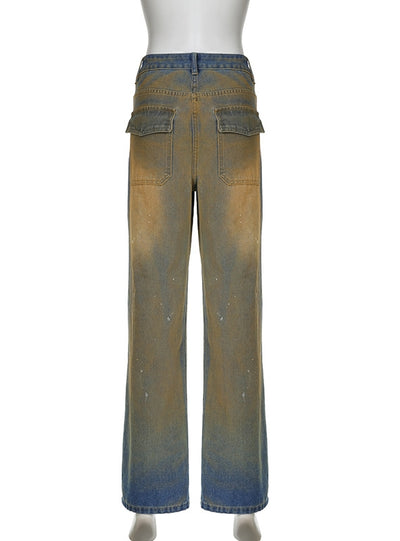 Hole-washed High-waisted Straight Jeans