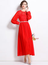 Lace Stitching Chiffon Long Sleeve Dress