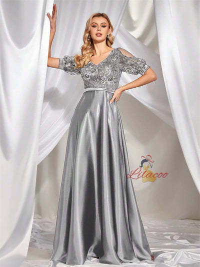 Gray Short Sleeve Lace Prom Dress