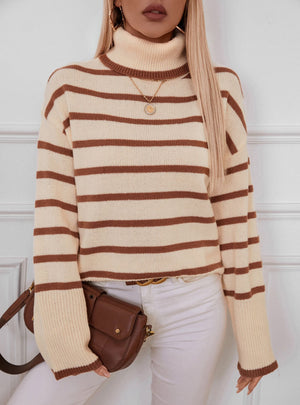 Lapel Striped High Neck Sweater