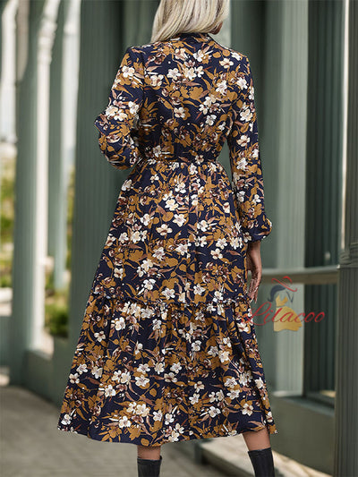 Retro Printed Long Sleeve V-neck Dress