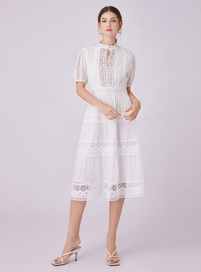 Retro Lace Stitching V-neck Short-sleeved Dress