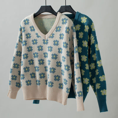 Flower Jacquard V-neck Sweater