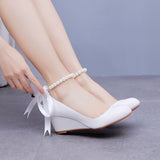 5 cm White Beaded Platform Wedge Shoes