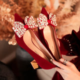 Red Bow Thick Heel Wedding Shoes