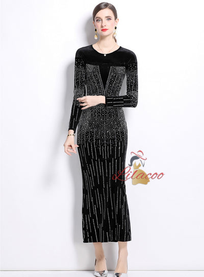 Velvet Rhinestone Long Sleeve Slim Dress