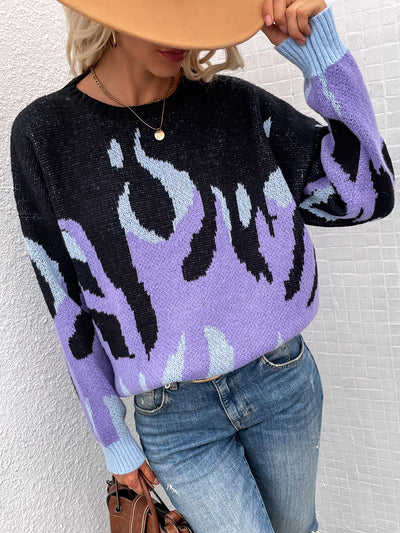Medium and Long Round Neck Printed Loose Sweater