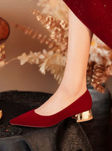 Low Heel Suede Pointed Red Shoes