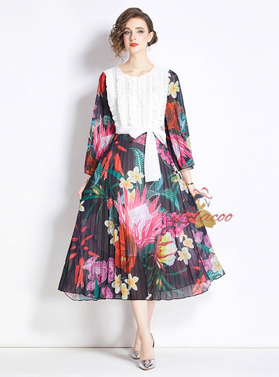 Positioning Printed Stitching Pleated Big Swing Dress