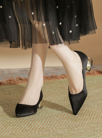 Thick-heeled Satin Tips Shoes