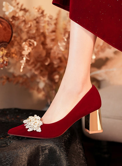 Red Thick Heels Beads Wedding Shoes