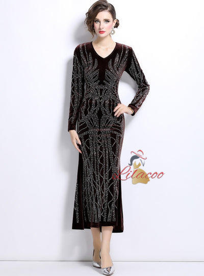 Hot Drilling Long Sleeve V-neck Velvet Dress