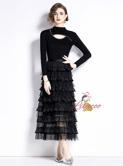 Long Sleeve Round Neck Knit Top+Skirt Two Pieces Suit