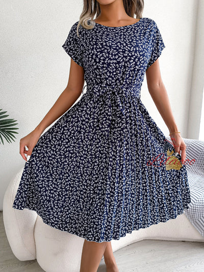 Casual Short-sleeved Floral Pleated Dress