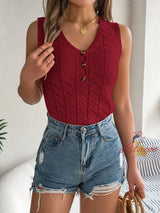 Button V-neck Sleeveless Top Sweater