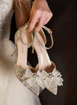 One-button Sequined Rhinestone Bow Heels