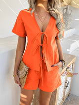 Casual Short Sleeve Lace-up Short Pants Suit