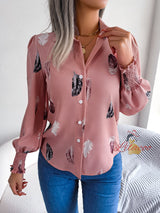 Women Print Lantern Sleeve Lapel Shirt