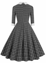 Retro Contrast Bow Plaid Long Sleeve Dress